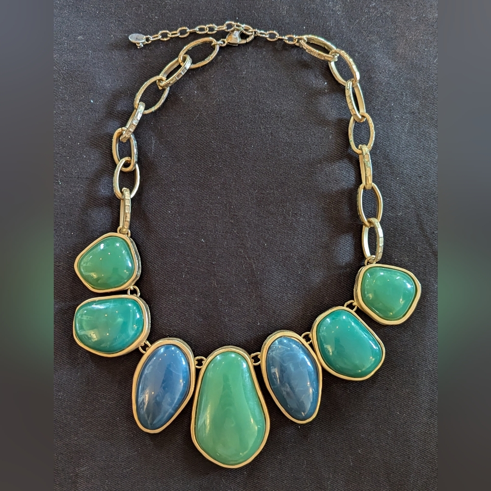 Talbots Blue Green Crystal Statement Necklace Gold Tone Teal